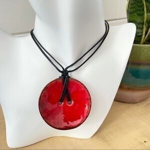 2/$49 Handmade Painted Coconut Button Necklace Summer Coastal Beach Red & Black